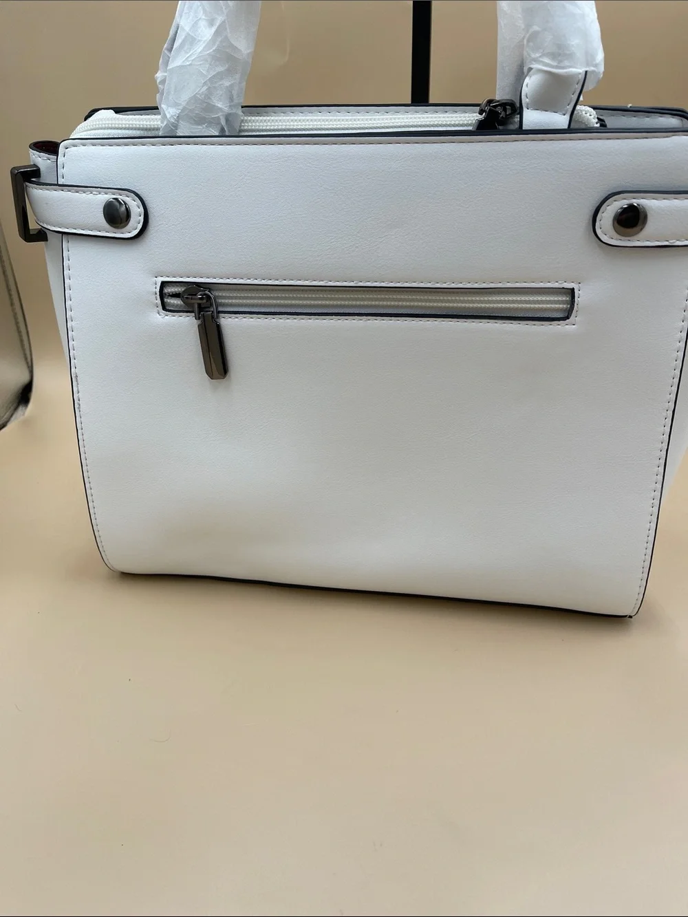 White Woven Panel Tote Bag - Women's Vegan Leather Handbag